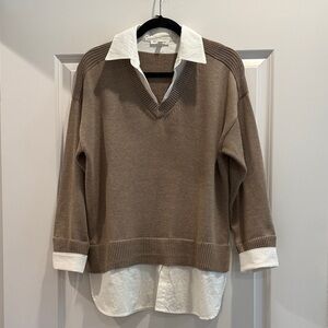 V-Neck Sweater with Built-In White Collared Crisp Shirt